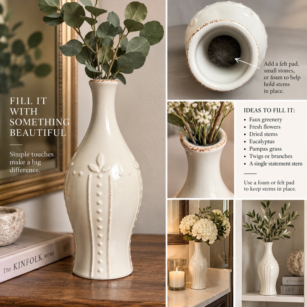 White Ceramic Bud Vase Embossed Floral Dotted Detail Iridescent Gloss 11.5 inch